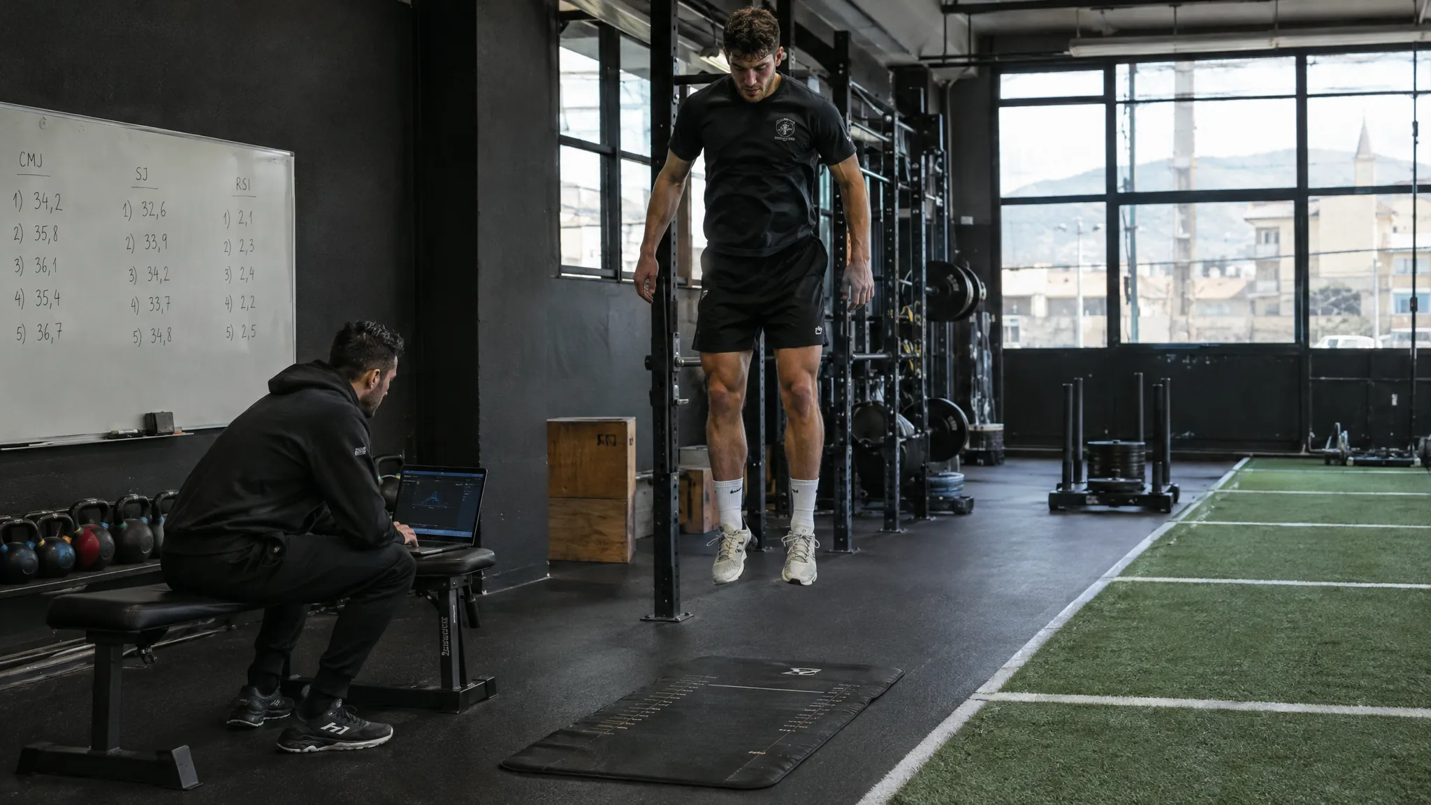 Test di salto con il preparatore che legge i dati